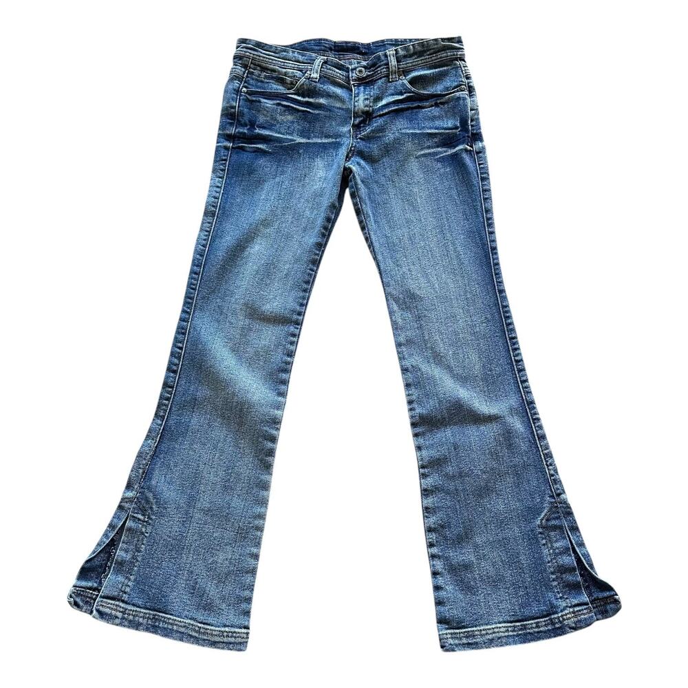 Womens Jeans Size XL Blue Denim Skinny Flare 70s Vibe Stretch Slit Cute Girly